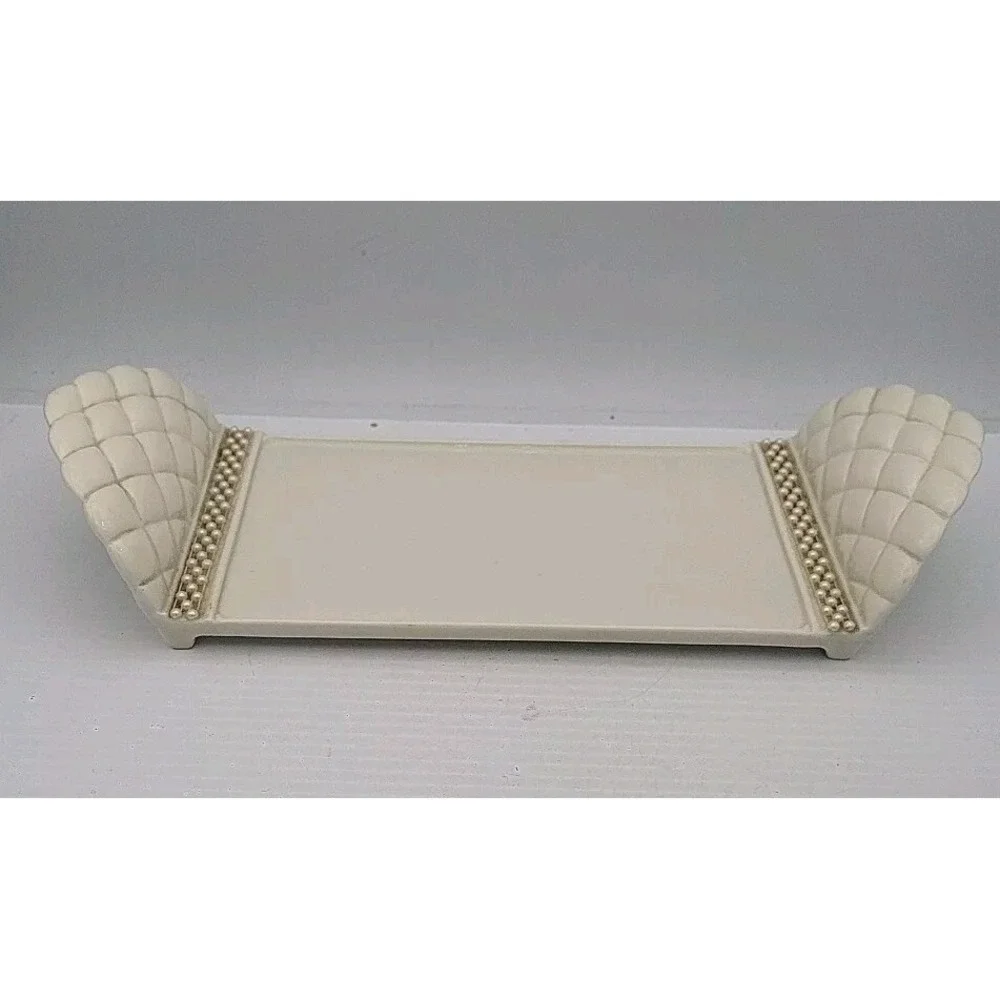Vintage Porcelain Vanity Tray Off White w/ Faux Pearls